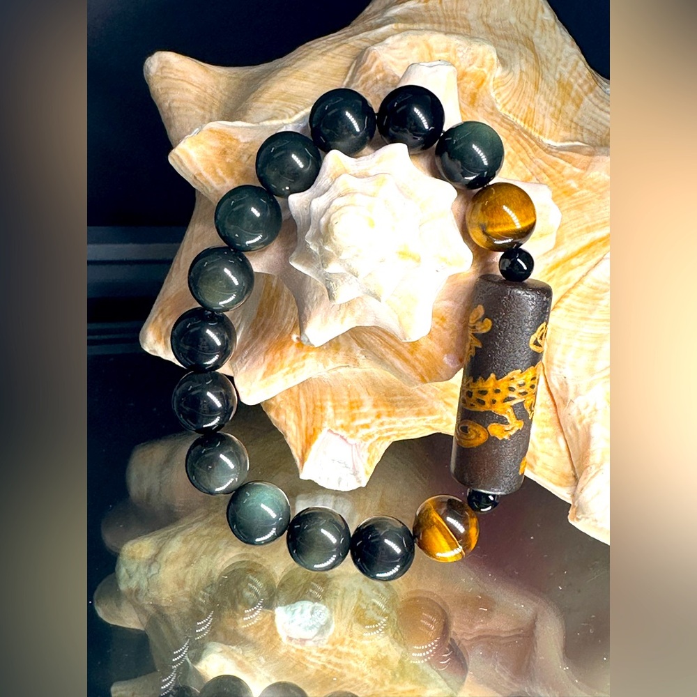 RAINBOW OBSIDIAN + TIGERS EYE + TIBETAN TUBE STONES  NATURAL BRACELET size 7.5”